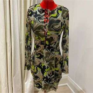 H&M Khaki Green/Patterned Mini Dress, Tie-Up, Mesh, Defined Seams, Women’s, US M